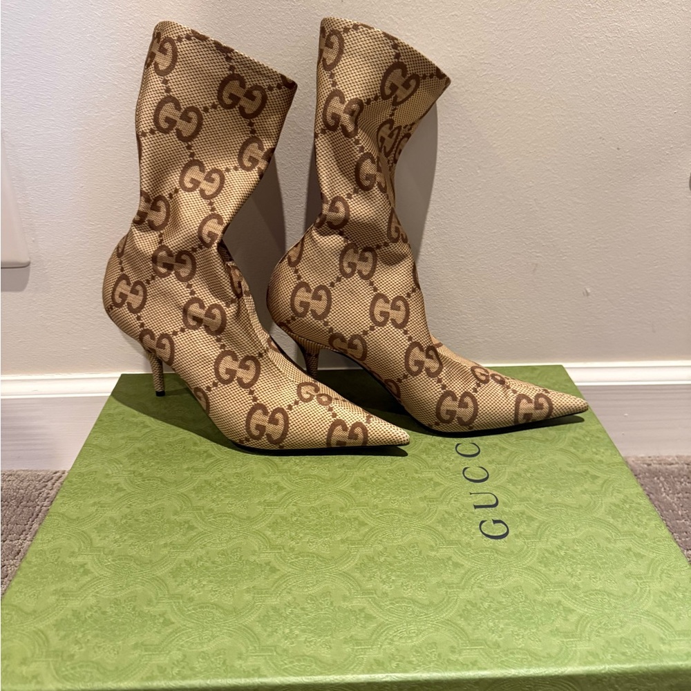 Gucci Tan Monogram Heeled Boots